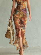 Vestido maxi de chifón naranja con estampado al óleo