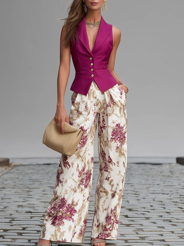 Conjunto de chaleco rosa y pantalones anchos con estampado floral