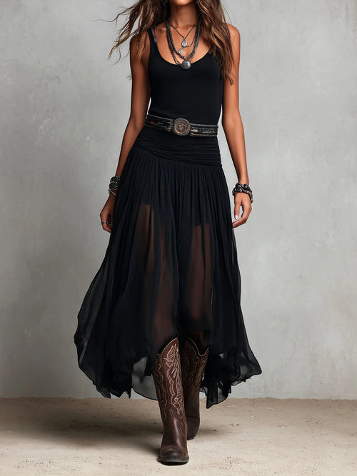 Conjunto top negro y falda maxi de tul