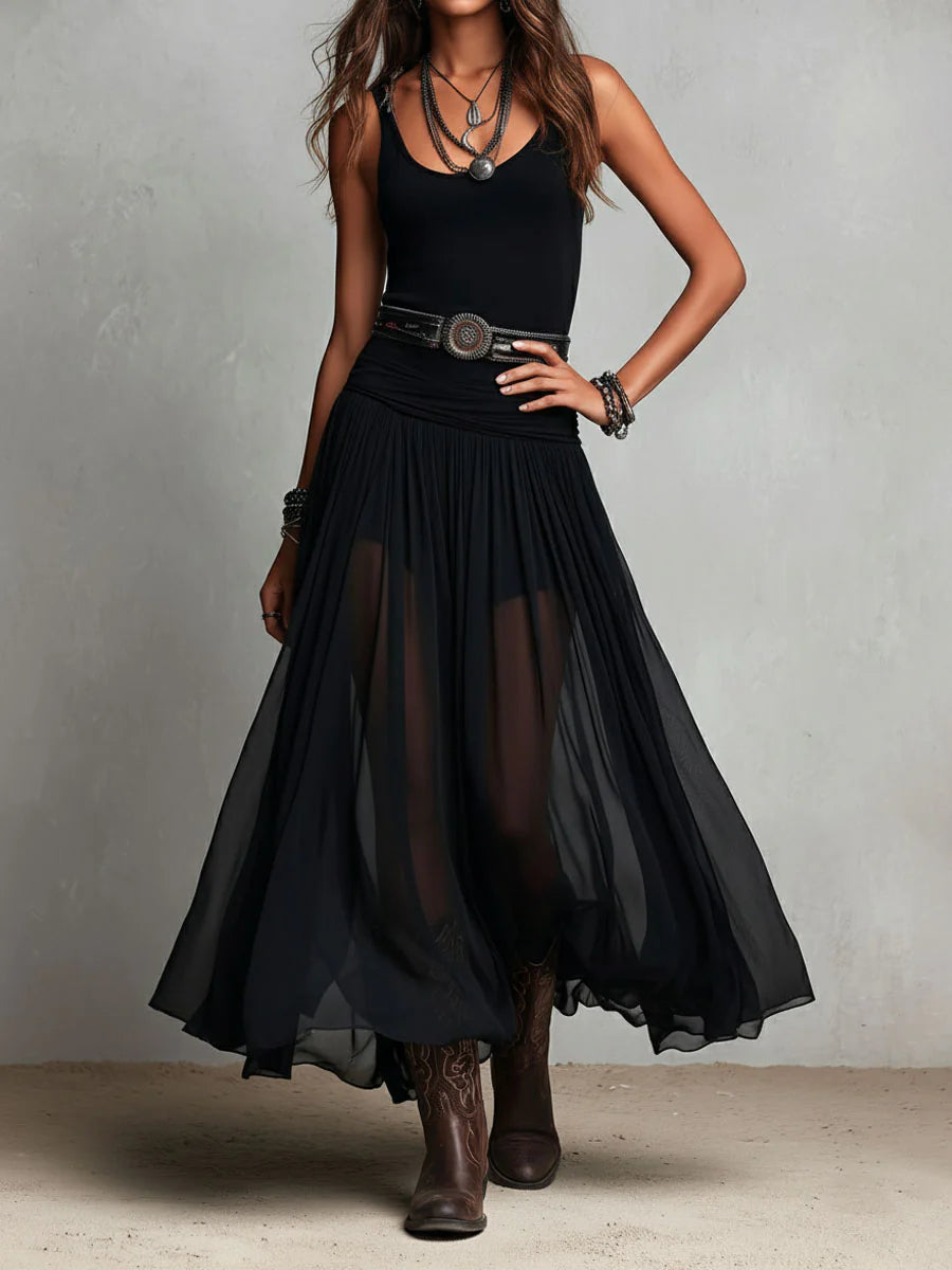 Conjunto top negro y falda maxi de tul