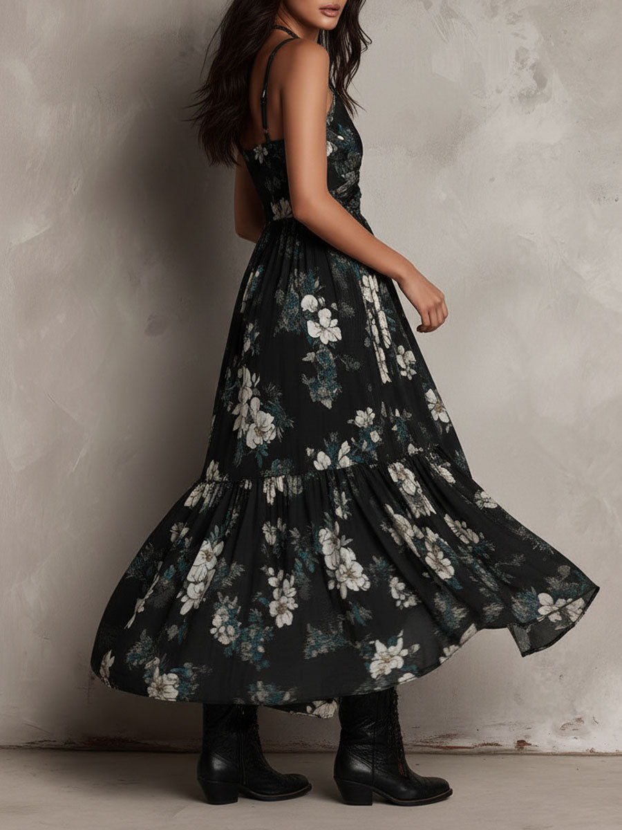 Vestido maxi sin tirantes con estampado floral negro