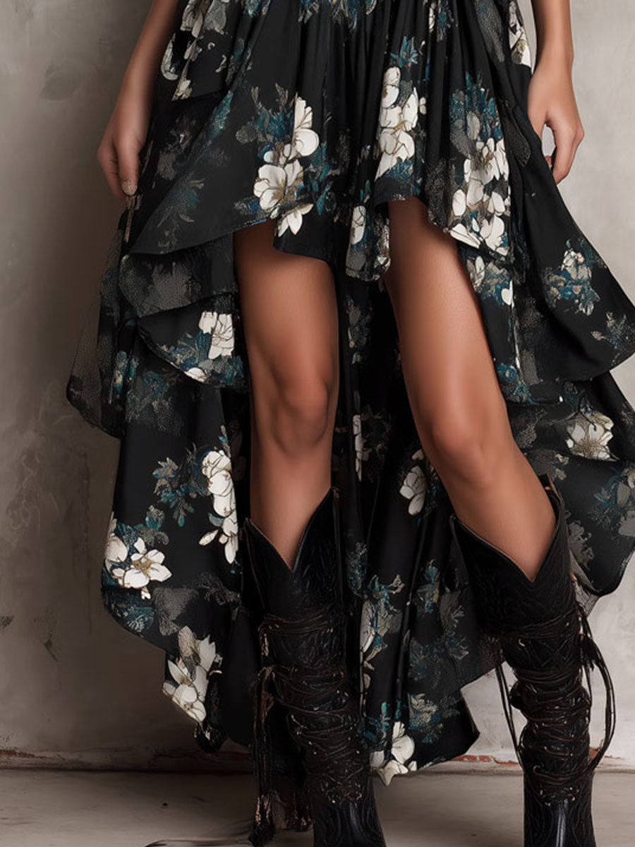 Vestido maxi sin tirantes con estampado floral negro