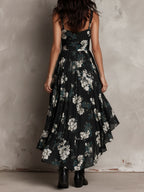 Vestido maxi sin tirantes con estampado floral negro