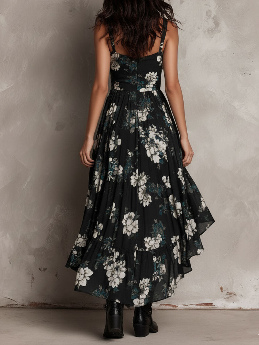 Vestido maxi sin tirantes con estampado floral negro