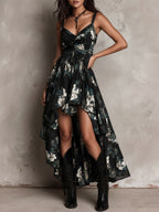 Vestido maxi sin tirantes con estampado floral negro