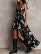 Vestido maxi sin tirantes con estampado floral negro