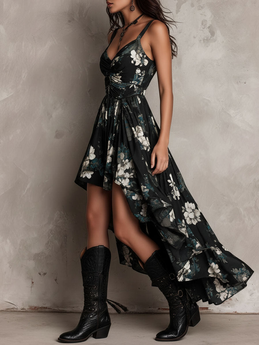 Vestido maxi sin tirantes con estampado floral negro