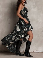 Vestido maxi sin tirantes con estampado floral negro