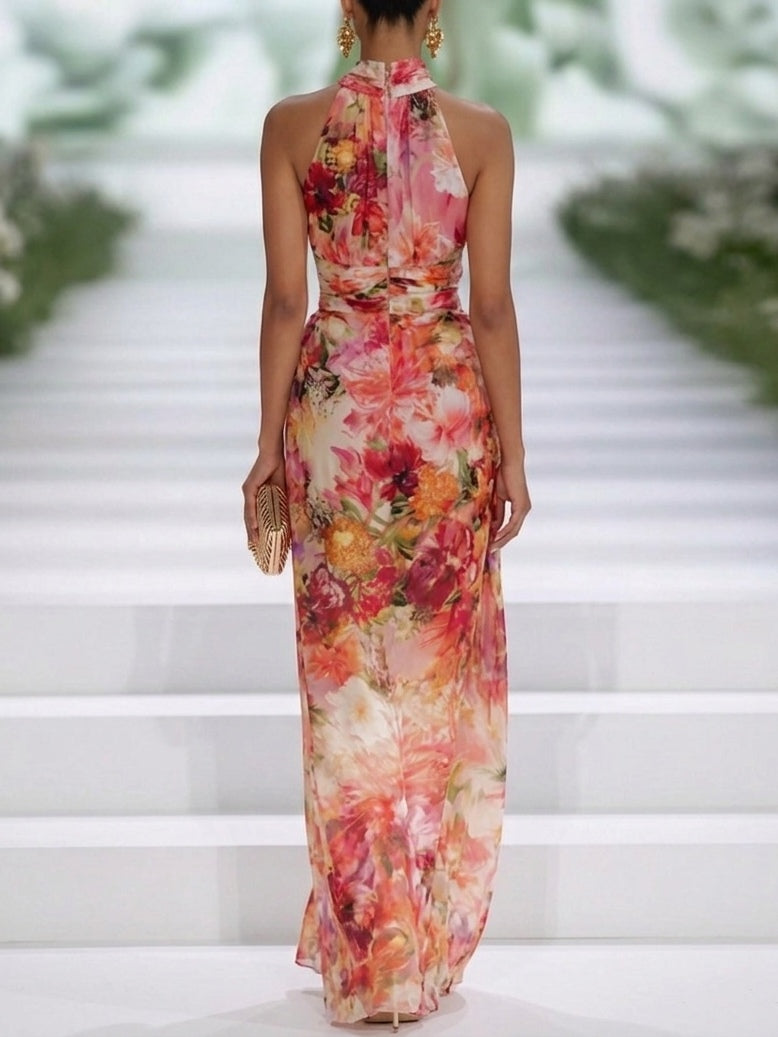 Vestido maxi de chifón rojo con escote halter