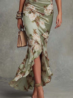 Vestido Maxi Asimétrico de Raso Verde con Estampado Floral