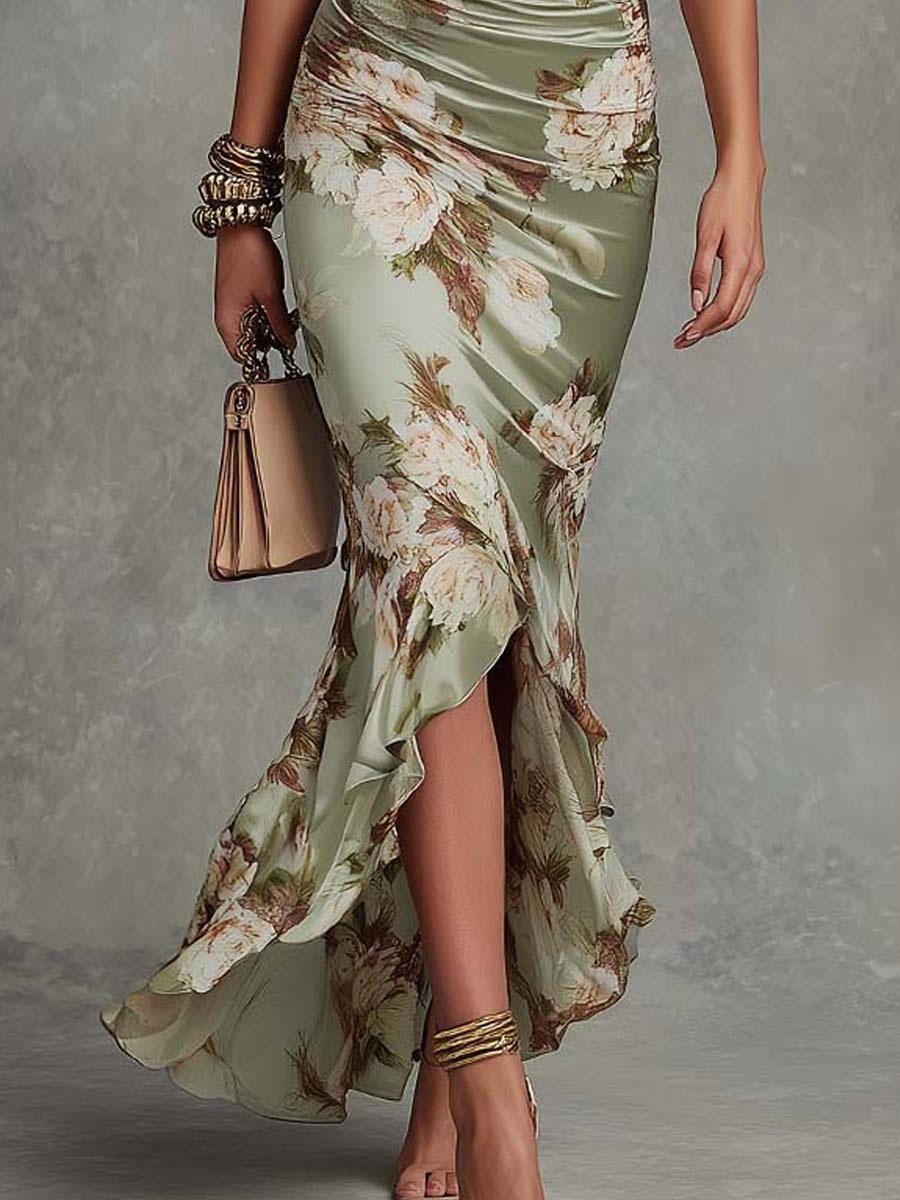 Vestido Maxi Asimétrico de Raso Verde con Estampado Floral