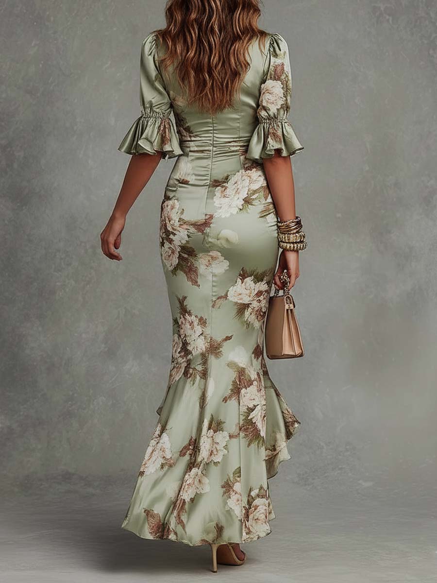 Vestido Maxi Asimétrico de Raso Verde con Estampado Floral