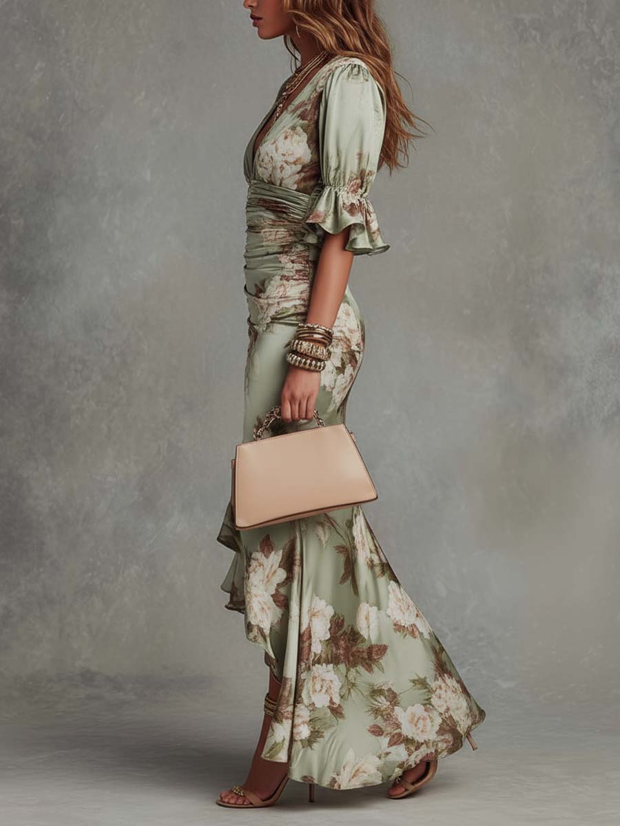 Vestido Maxi Asimétrico de Raso Verde con Estampado Floral