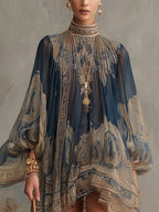 Vestido mini de chifón con estampado barroco azul marino