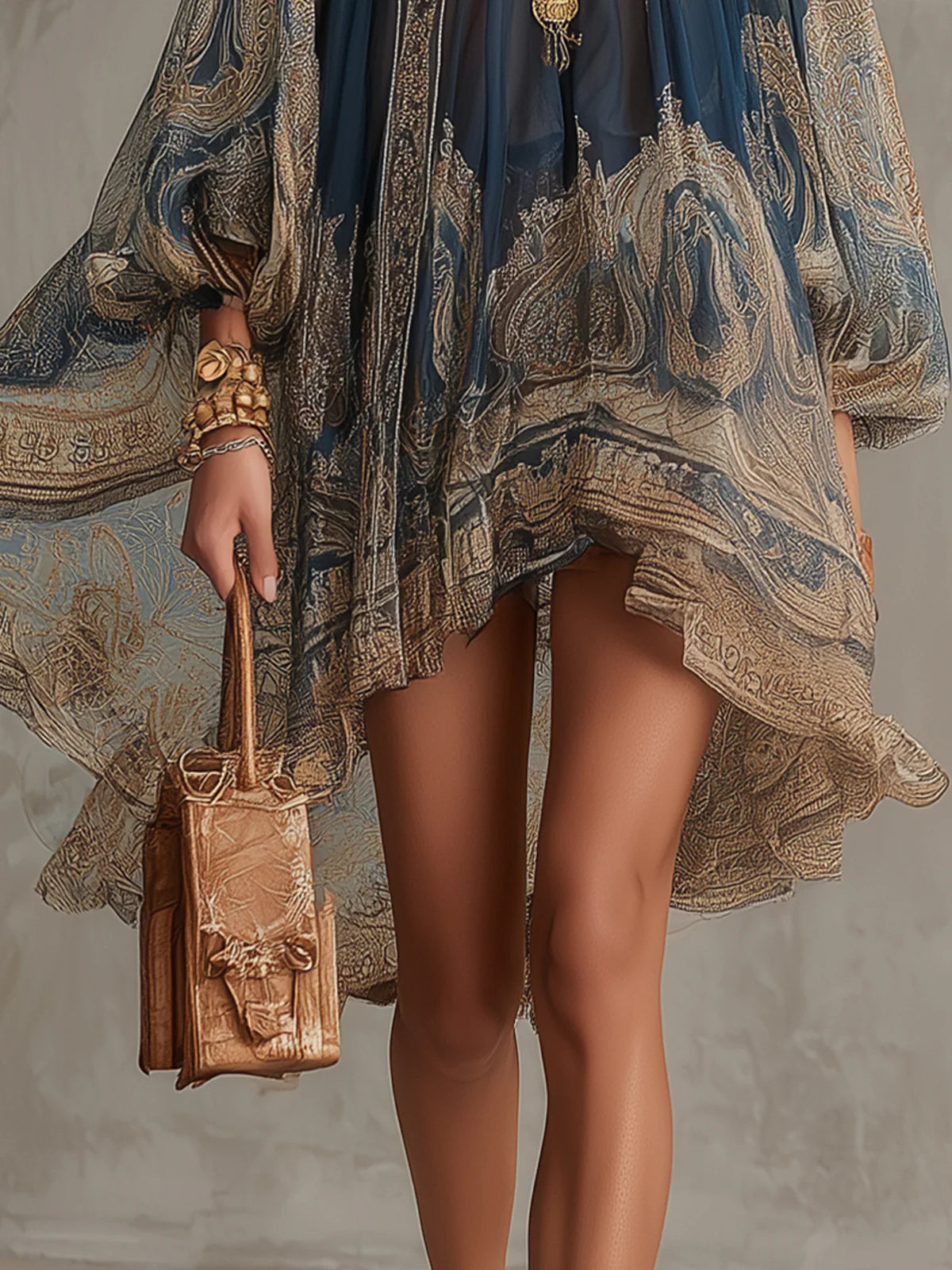Vestido mini de chifón con estampado barroco azul marino