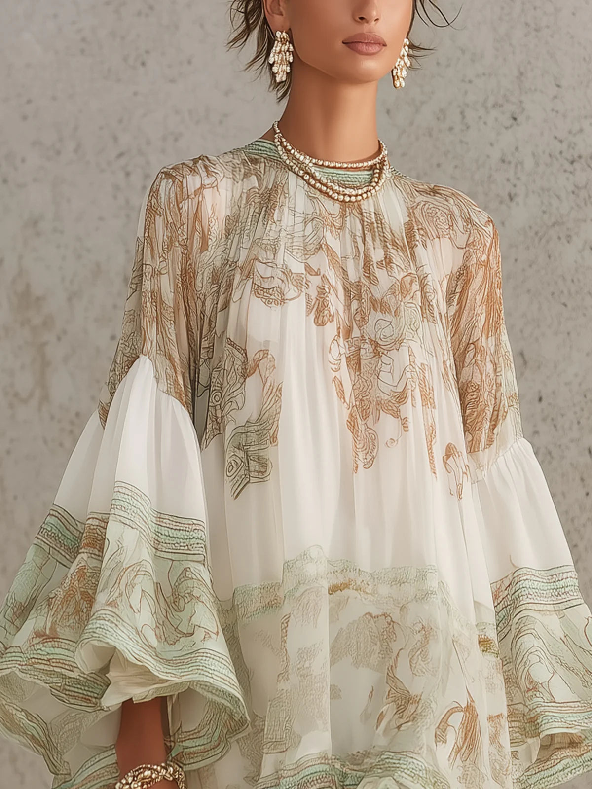 Vestido mini de chifón con rayas y mangas volantes verde