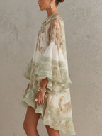 Vestido mini de chifón con rayas y mangas volantes verde