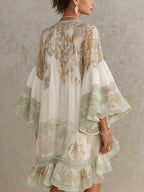 Vestido mini de chifón con rayas y mangas volantes verde