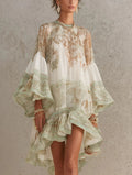 Vestido mini de chifón con rayas y mangas volantes verde