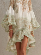 Vestido mini de chifón con rayas y mangas volantes verde