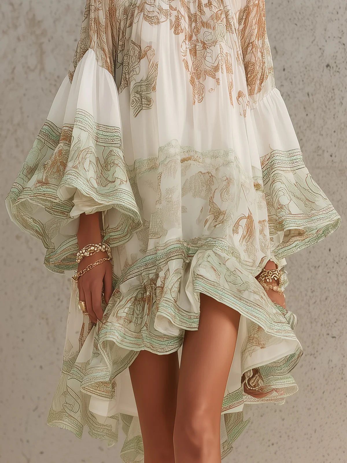 Vestido mini de chifón con rayas y mangas volantes verde