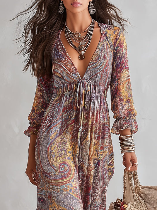 Vestido maxi de chiffón con estampado paisley y escote en V