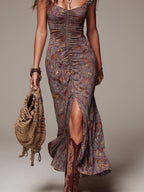 Vestido Maxi Plisado de Flores Gris Púrpura