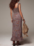 Vestido Maxi Plisado de Flores Gris Púrpura