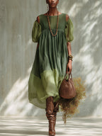 Vestido midi de chiffon verde con hombros descubiertos