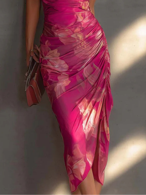 Vestido bodycon sin mangas con estampado floral en fucsia