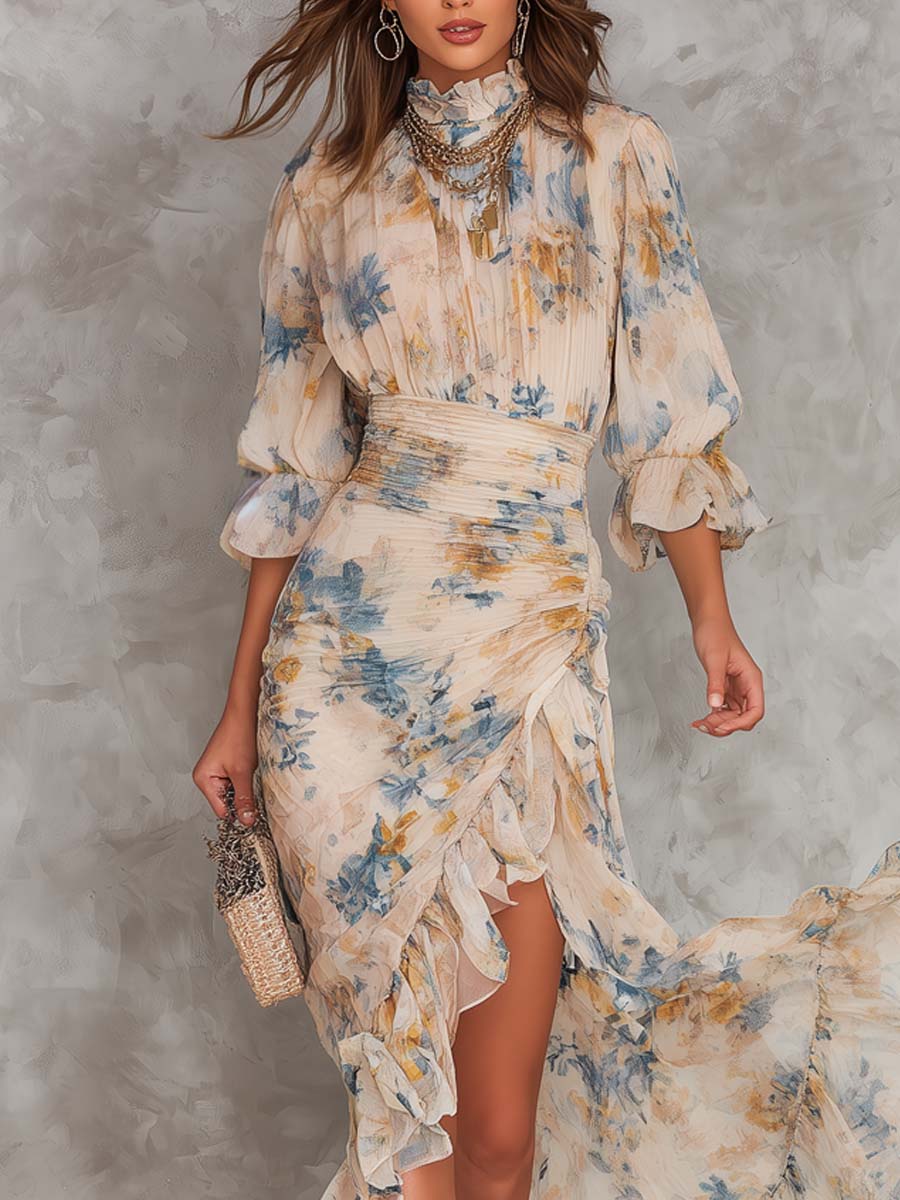 Vestido maxi de chiffon irregular con estampado floral