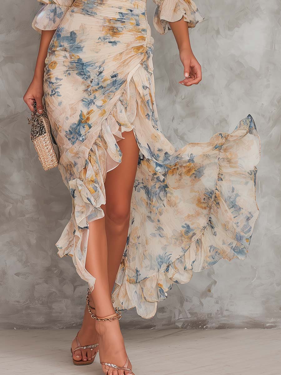 Vestido maxi de chiffon irregular con estampado floral
