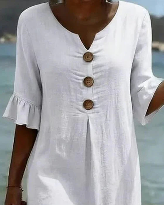 Vanesa | Linen Puff Sleeve Button Dress