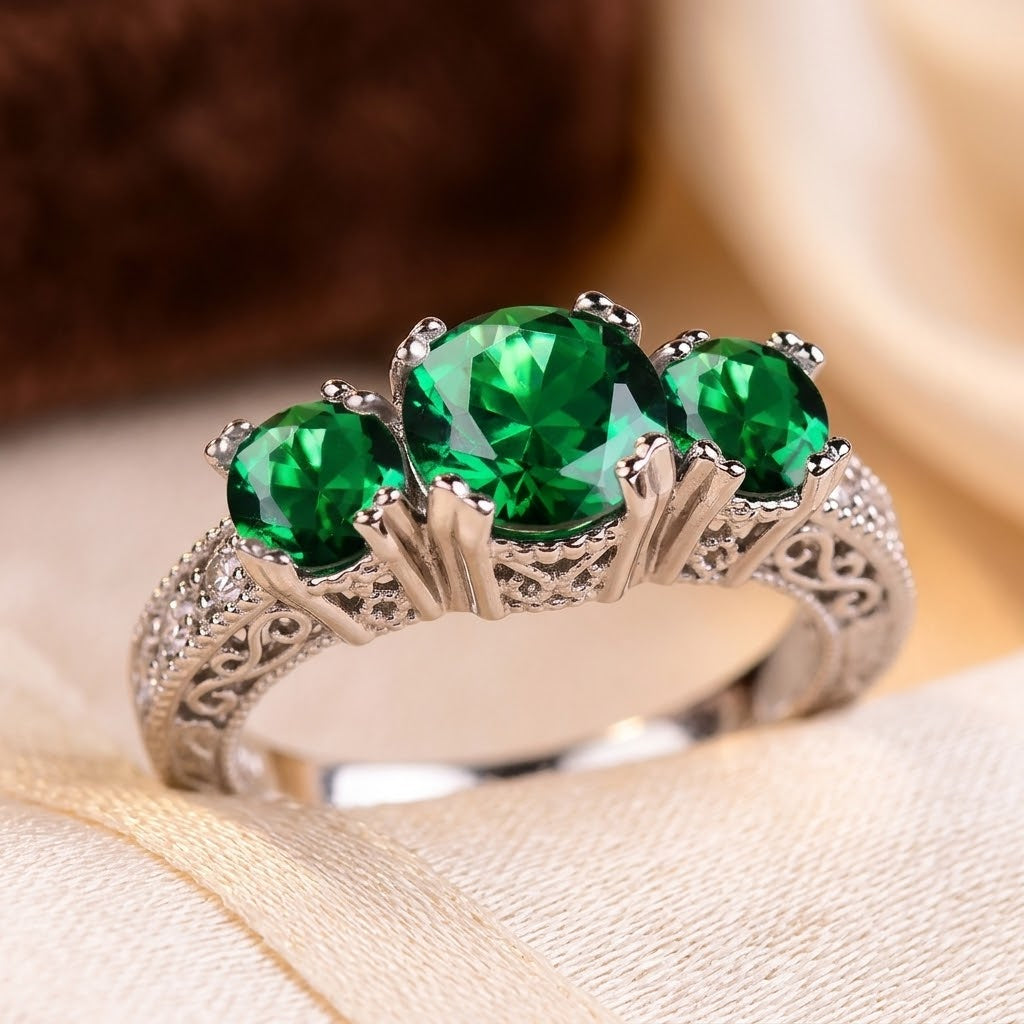 Anillo de tres piedras esmeralda en plata