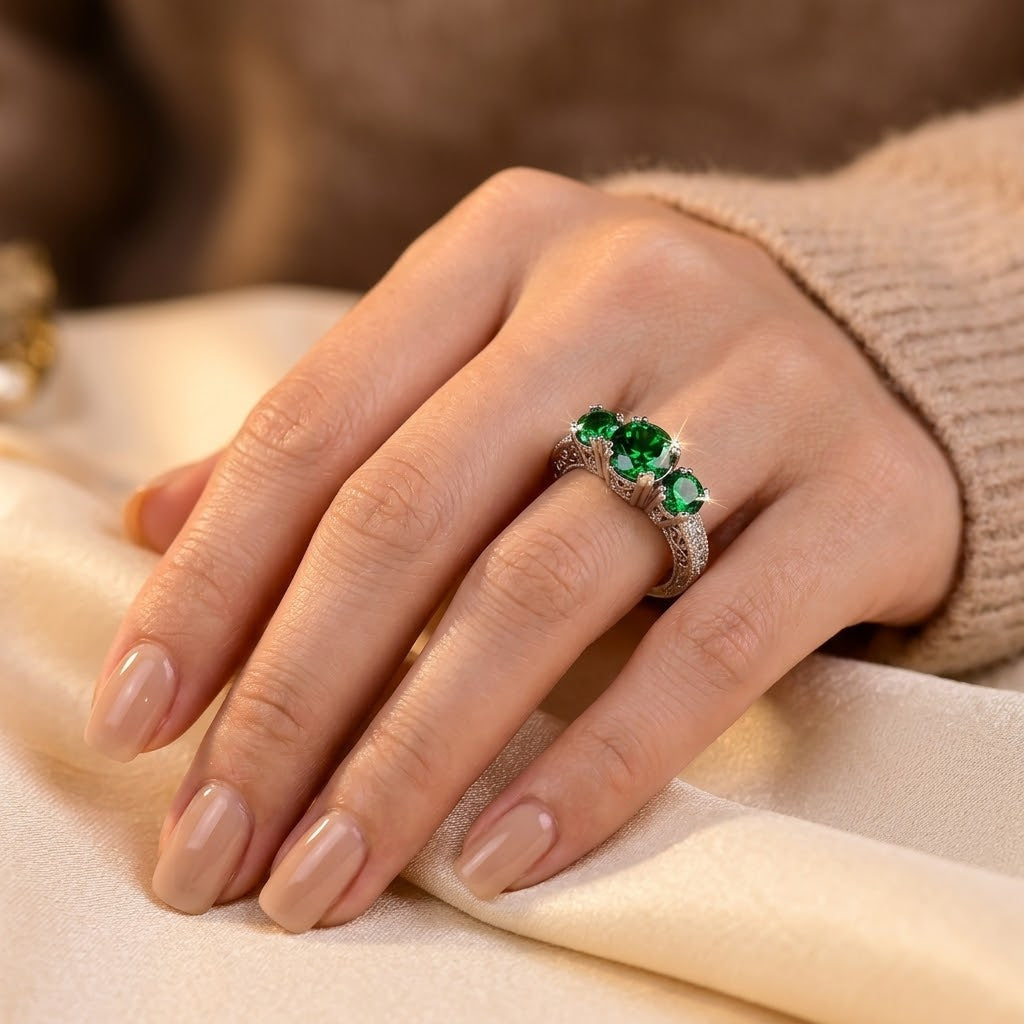 Anillo de tres piedras esmeralda en plata