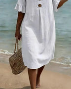 Vanesa | Linen Puff Sleeve Button Dress