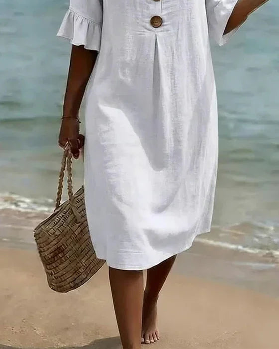 Vanesa | Linen Puff Sleeve Button Dress