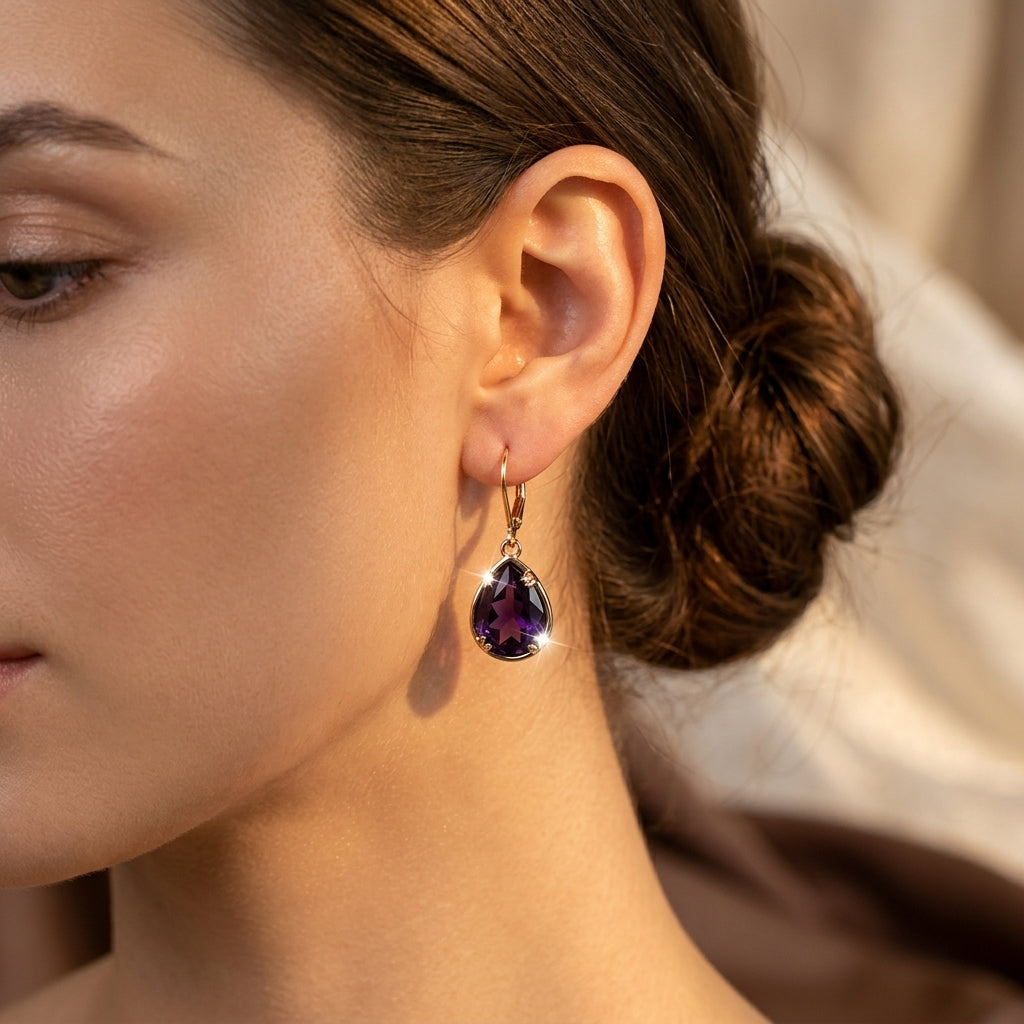 Pendientes de oro con gota de amatista