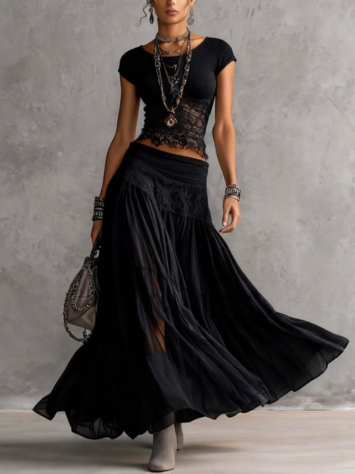 Conjunto con top de encaje negro transparente y falda maxi plisada
