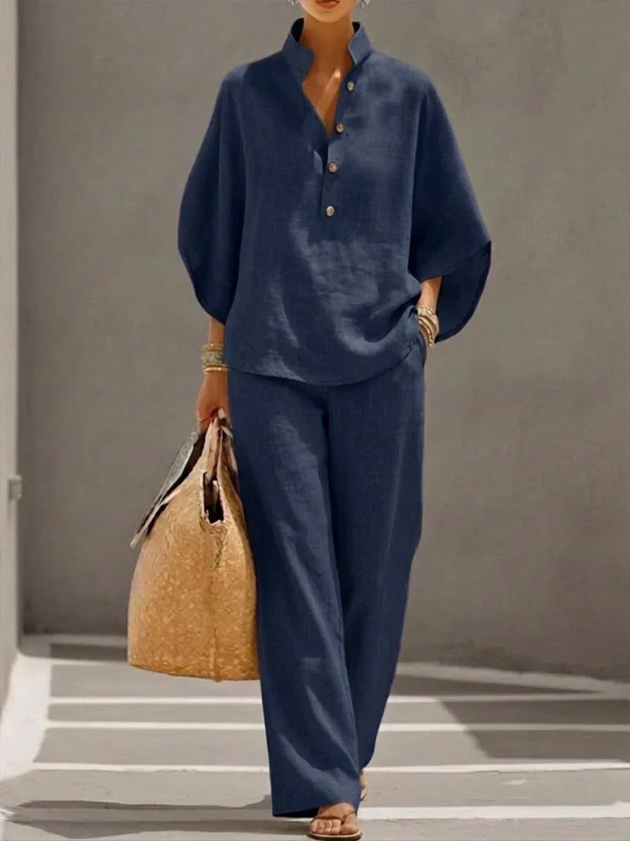 Valentina Monroe | Linen Set with Batwing Sleeves and Wide-Leg Pants