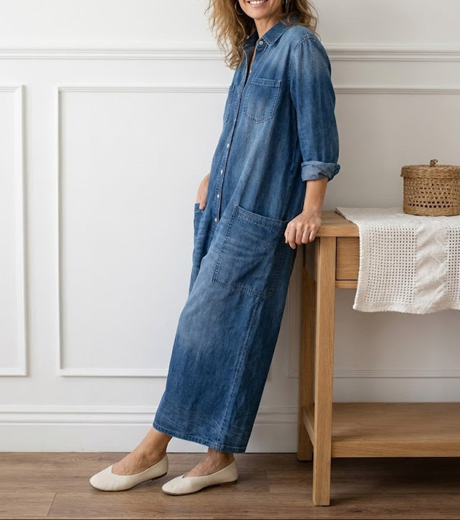 Diana | Mono vintage en denim de algodón suave lavado con botones