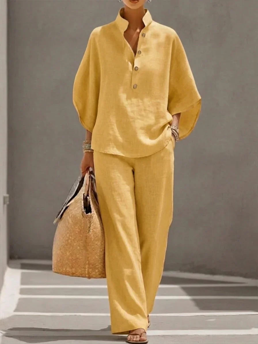 Valentina Monroe | Linen Set with Batwing Sleeves and Wide-Leg Pants