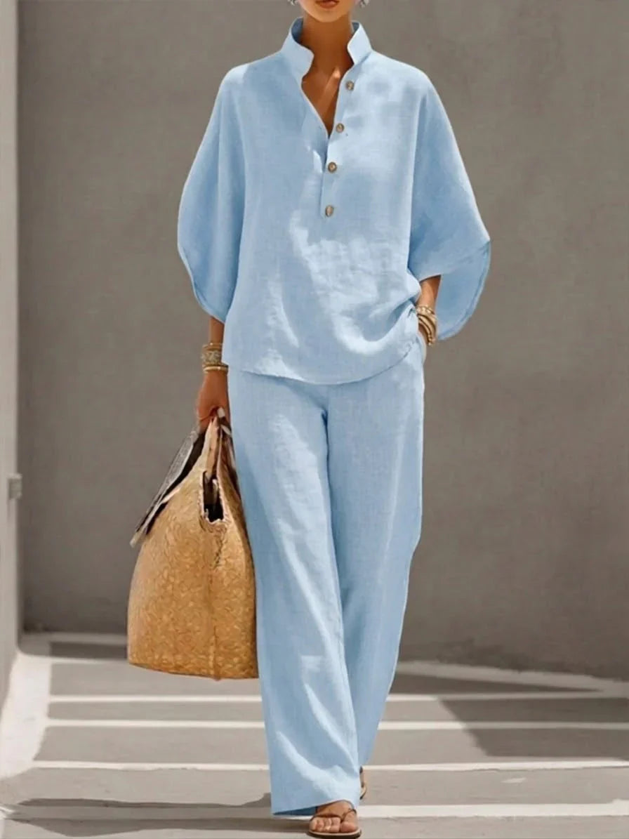 Valentina Monroe | Linen Set with Batwing Sleeves and Wide-Leg Pants