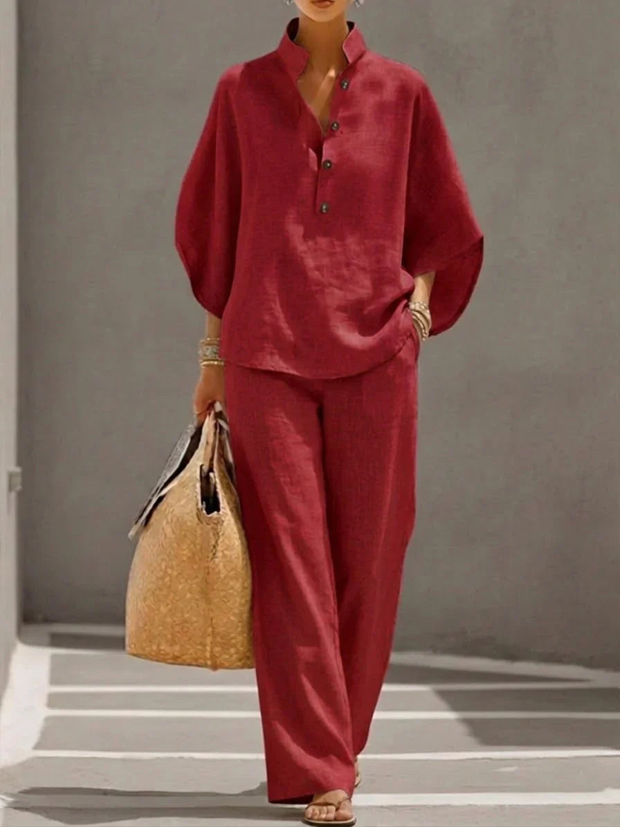 Valentina Monroe | Linen Set with Batwing Sleeves and Wide-Leg Pants