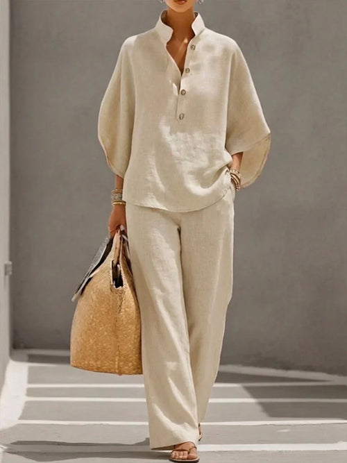 Valentina Monroe | Linen Set with Batwing Sleeves and Wide-Leg Pants