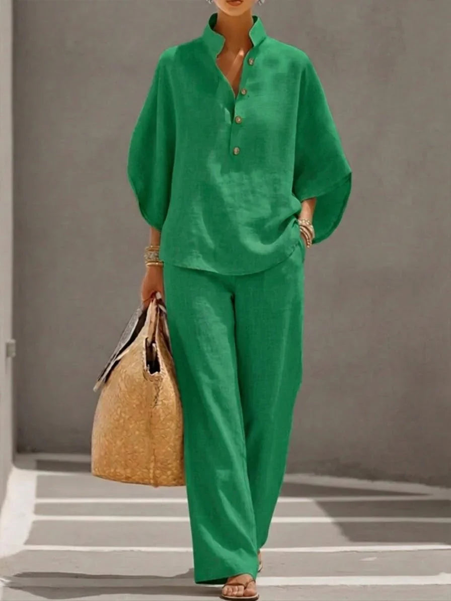 Valentina Monroe | Linen Set with Batwing Sleeves and Wide-Leg Pants