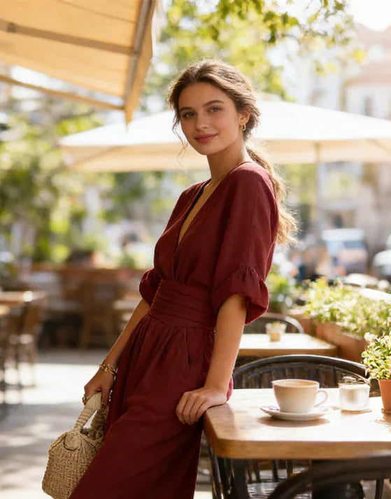 Mono elegante de escote en V y pierna ancha