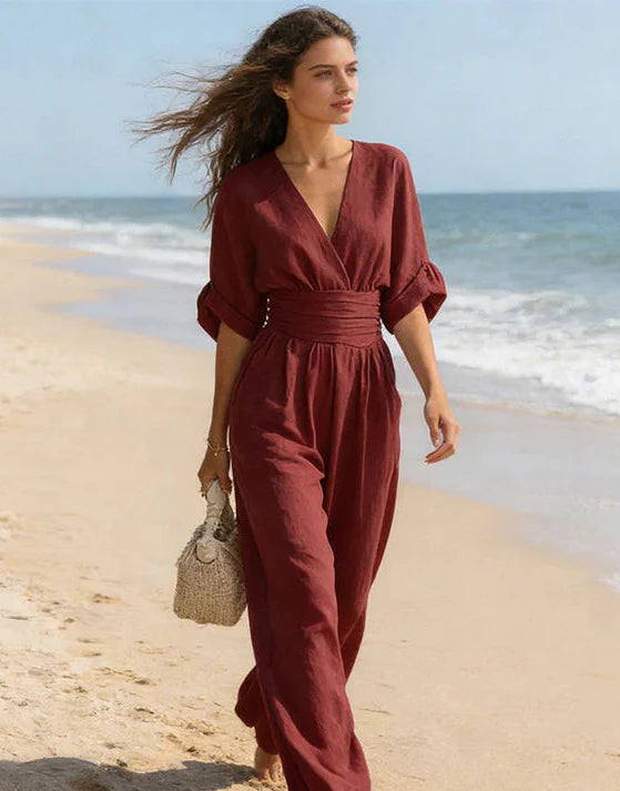 Mono elegante de escote en V y pierna ancha